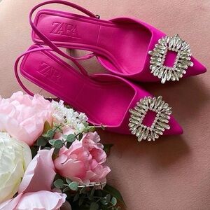 Zara Bright Pink Crystal-Embellished Slingback Flats